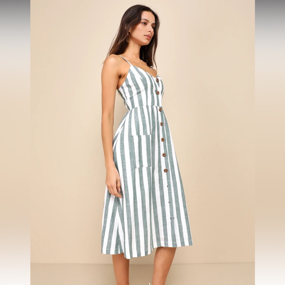 Marseille Mood Green Striped Linen Midi Dress With Pockets